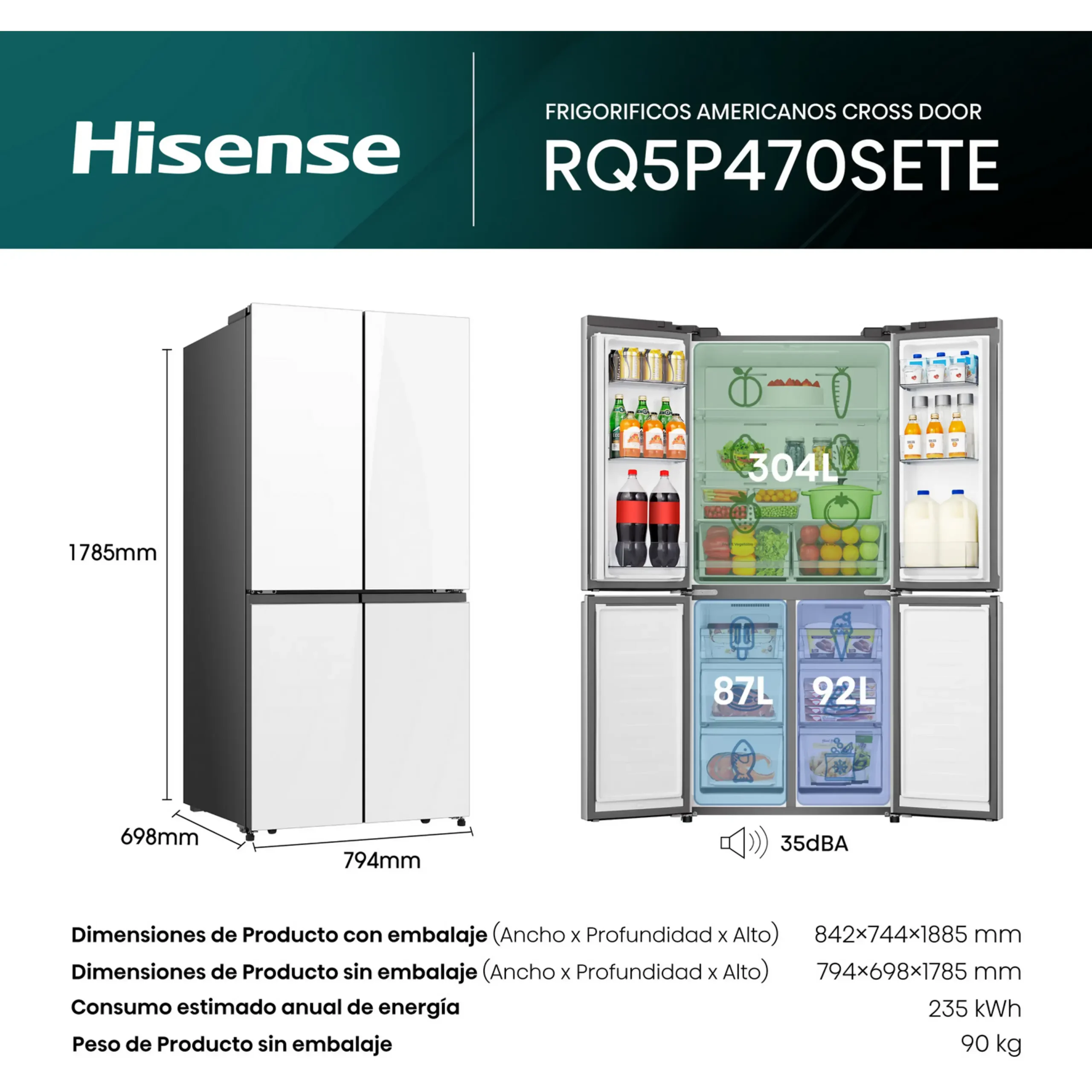 Frigorífico americano - Hisense RQ5P470SETE, Total No Frost, 178.5 cm, 483 l, WiFi, Inverter, Cristal Blanco – Image 12